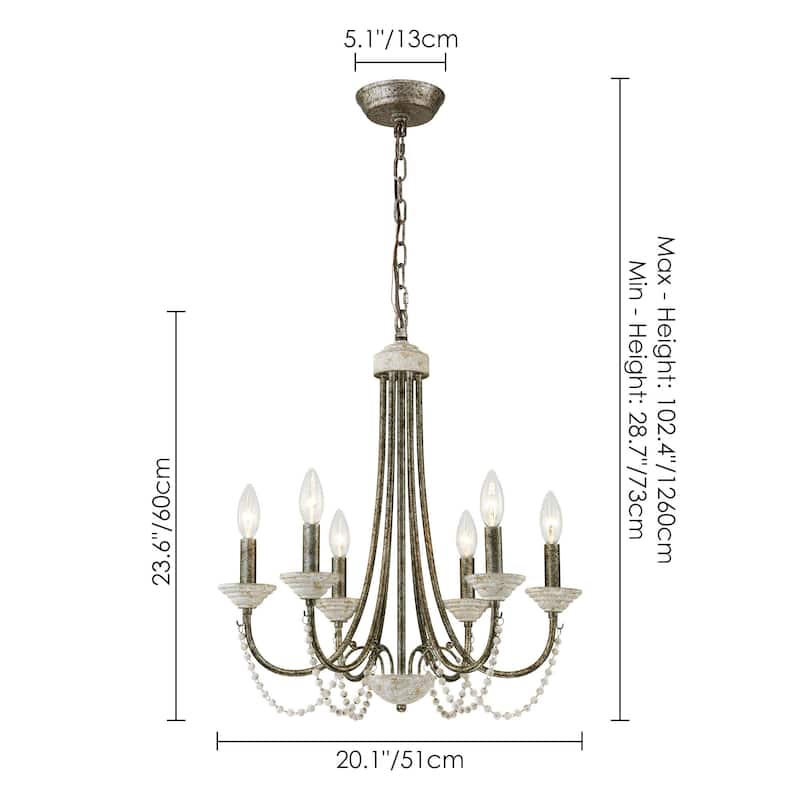 6-Light 20" Rustic French White Antiqued Wood Beaded Chandelier Light for Dining Room, Living Room