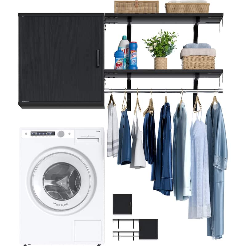 65''W Reversible Laundry Storage Cabinet with Doors and Storage Shelves and Shelf Towers - 46.5"W(1Door) - Black