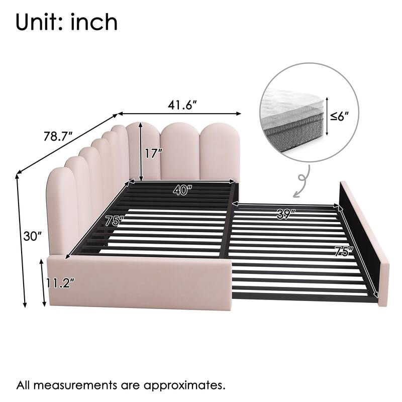 Twin Size Upholstered Daybed with Pull-Out Bed, Velvet Pink Sofa Bed for Adults and Kids, Metal Slatted Frame