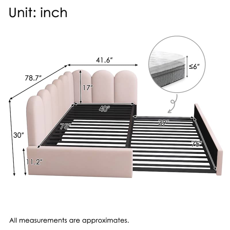 Twin Upholstered Daybed with Pull-Out Trundle, Velvet Sofa Bed for Small Spaces, Guest Bed with Metal Slatted Frame