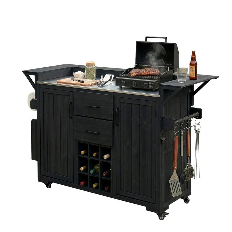 Modern 60.2" W Outdoor BBQ Kitchen Island with Wheels, Stainless Steel Top, Drawers, Spice Rack & Wine Rack