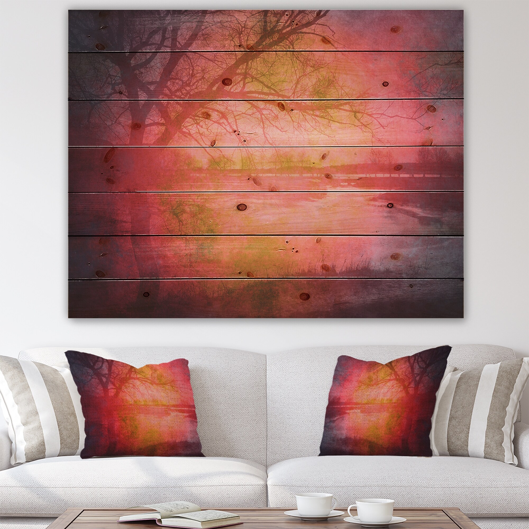 Designart 'Spring Trees In Vintage Pink And Red' Farmhouse-image