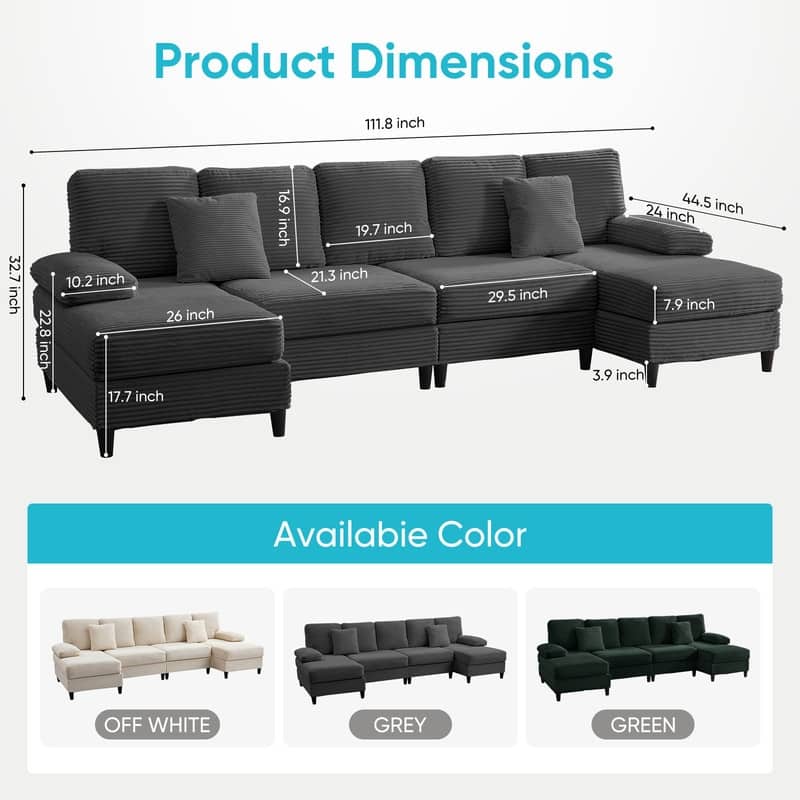 Mixoy W112inch Upholstered 5-Seater Sectional Sofa Couch,Corduroy Large U-Shaped Sofa with Double Chaises and Sleepable Armrests