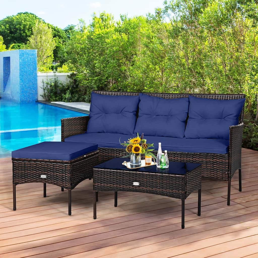 3 PCS Patio Rattan Sofa Set Outdoor Conversation Set w/ Cushions