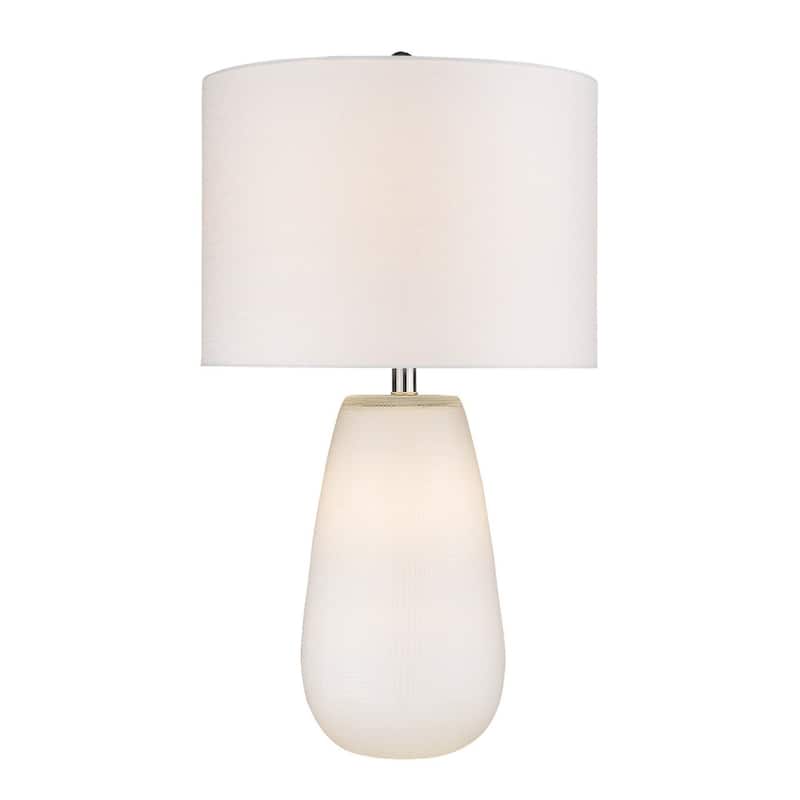 28 Inch White Glass Table Lamp with Fabric Drum Shade for Living Room - 16” x 16” x 28”
