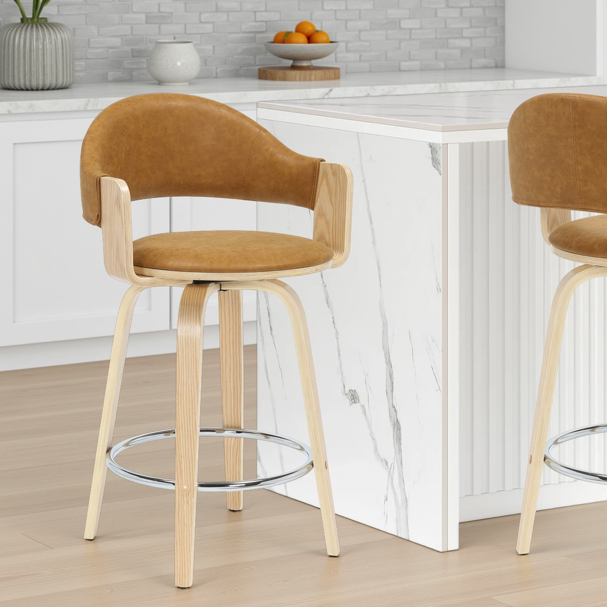 Daxton Mid-Century Swivel Bar Stool, Upholstered Counter Height Chair with Bentwood Legs