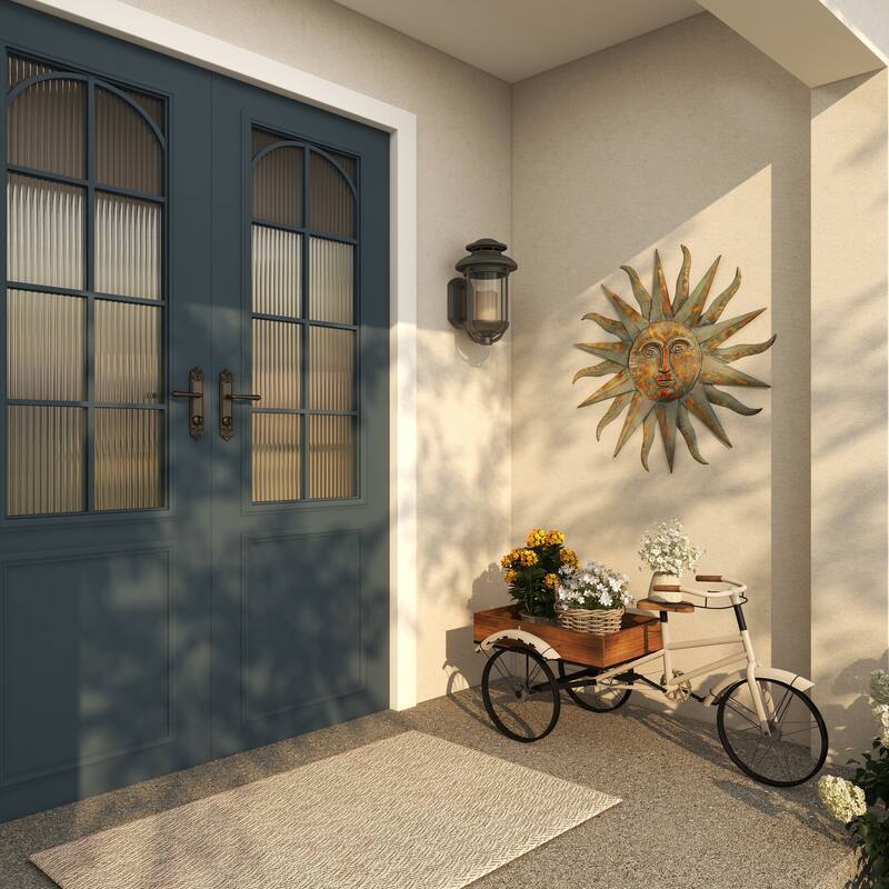 White Metal Indoor Outdoor Vintage Bike Indoor Outdoor Plantstand with Brown Wood Accents