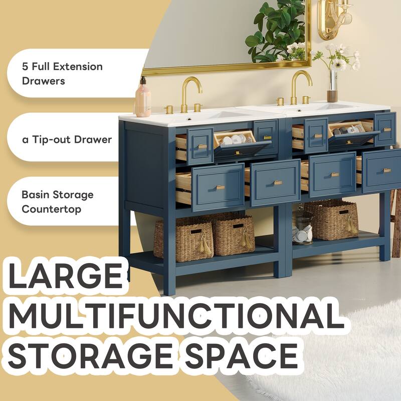 Roomfitters 60" Freestanding Bathroom Vanity with Ceramic Sink, Solid Wood Cabinet with Drawers & Open Storage Shelf