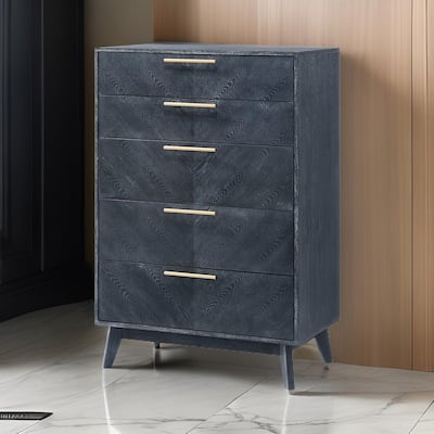 Cid Coy 47 Inch Tall Dresser Chest, 5 Drawer, Gold Metal, Ash Gray Wood