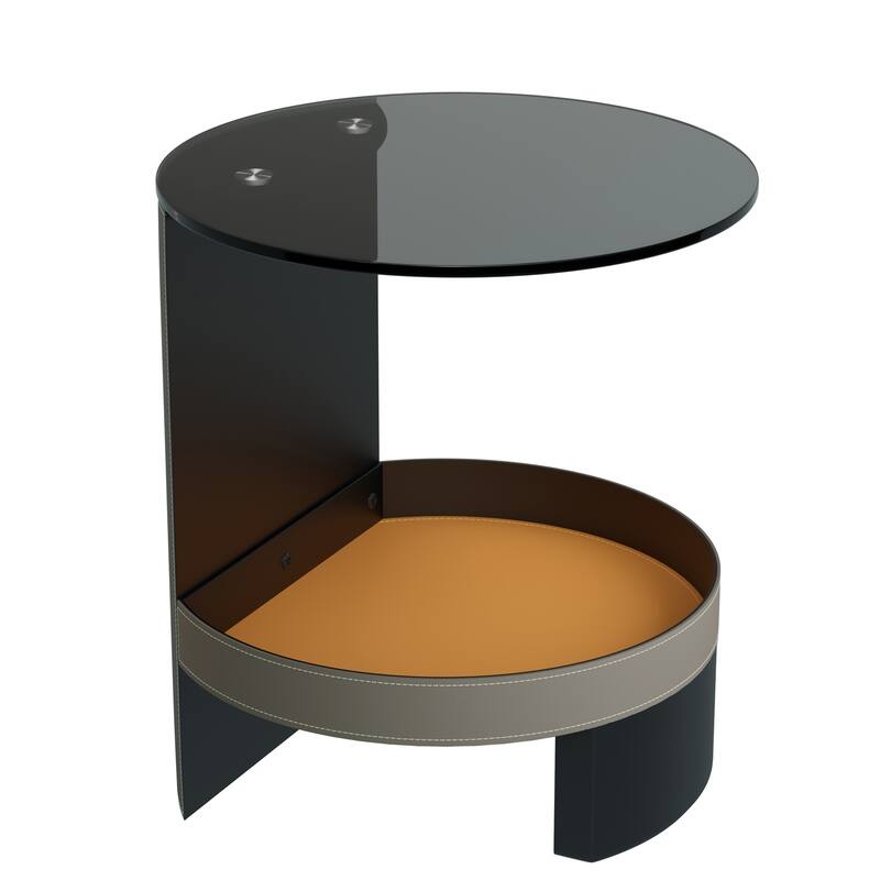 2-Tier Round Side Table Tempered Glass Top Handicraft Saddle Leather Basket
