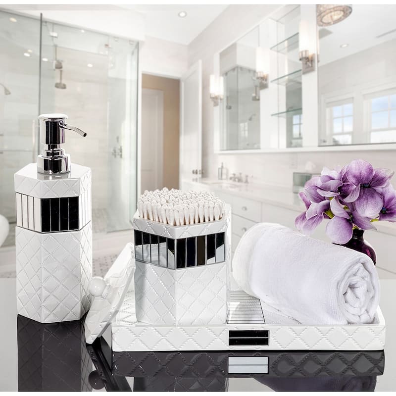 Creative Scents Quilted Mirror White Vanity Tray Decorative Cosmetics Organizer