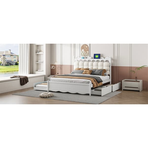 slide 2 of 17, Chic Wooden Platform Bed with Dual Drawers and USB Ports for Optimal Functionality White