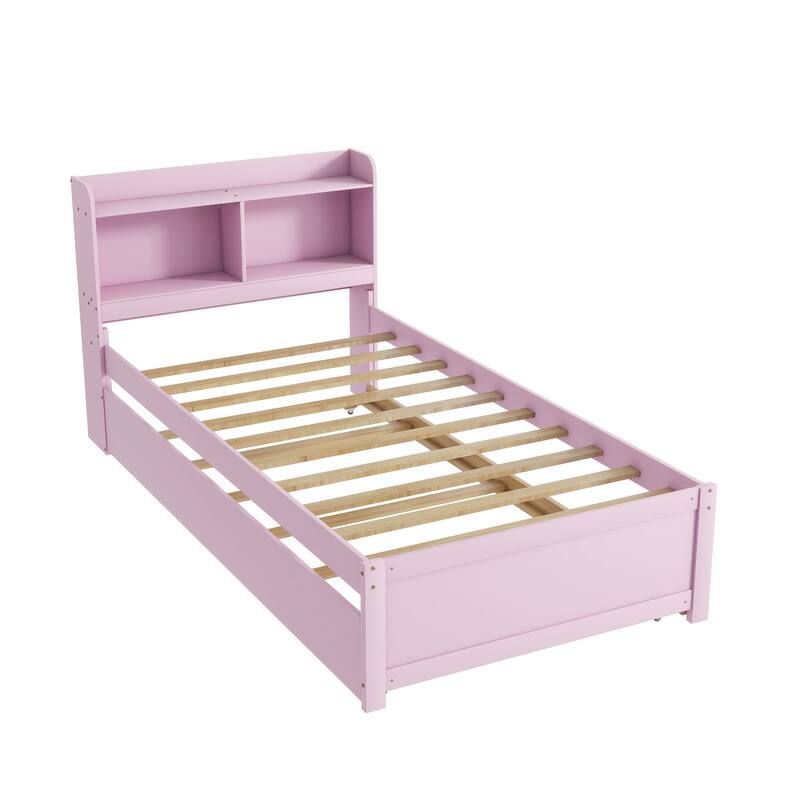 Wood Platform Bed with Trundle Bed, Storage Bed with Bookcase Headboard, Captains Bed, Wood Slat Support, No Box Spring Needed