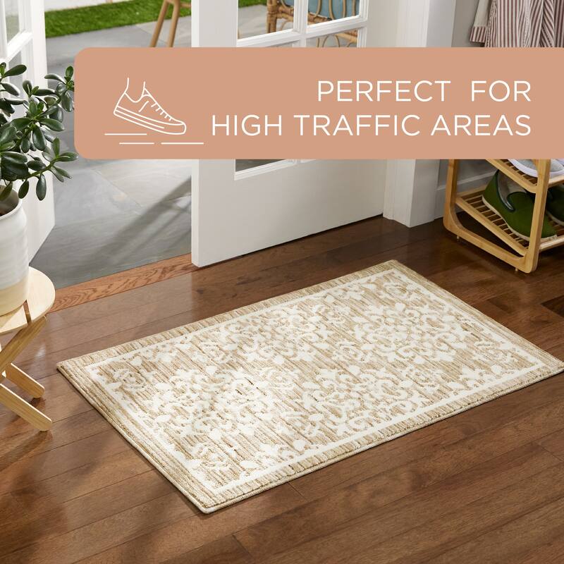 TOWN & COUNTRY EVERYDAY Walker Damask Medallion Everwash Washable Multi-Use Non-Slip Backing Decorative Rug