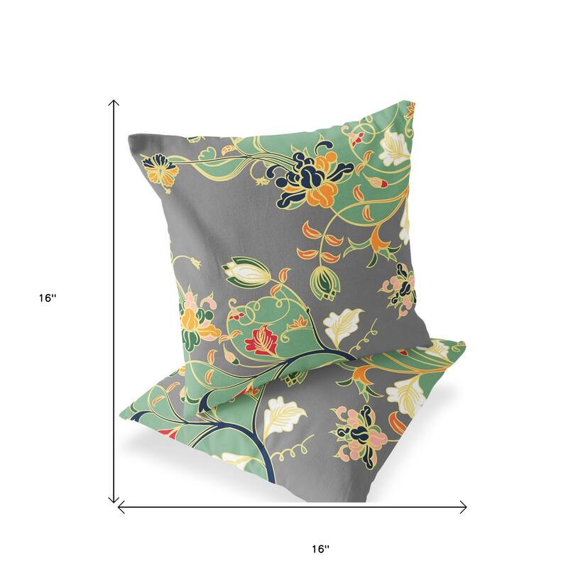 HomeRoots Set of Two 16" X 16" Gray and Orange Blown Seam Floral Indoor Outdoor Throw Pillow - 16.00' X '16.00' X '5.00