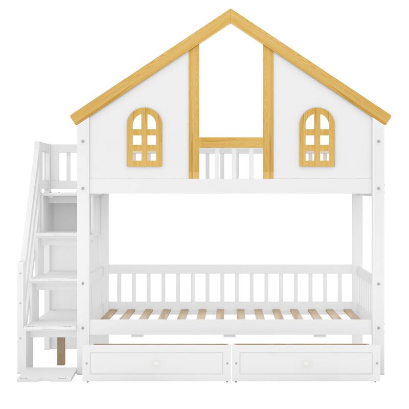 GDFStudio -DreamCottage Modern Wooden House Roof Bunk Bed with Storage Drawers and Staircase