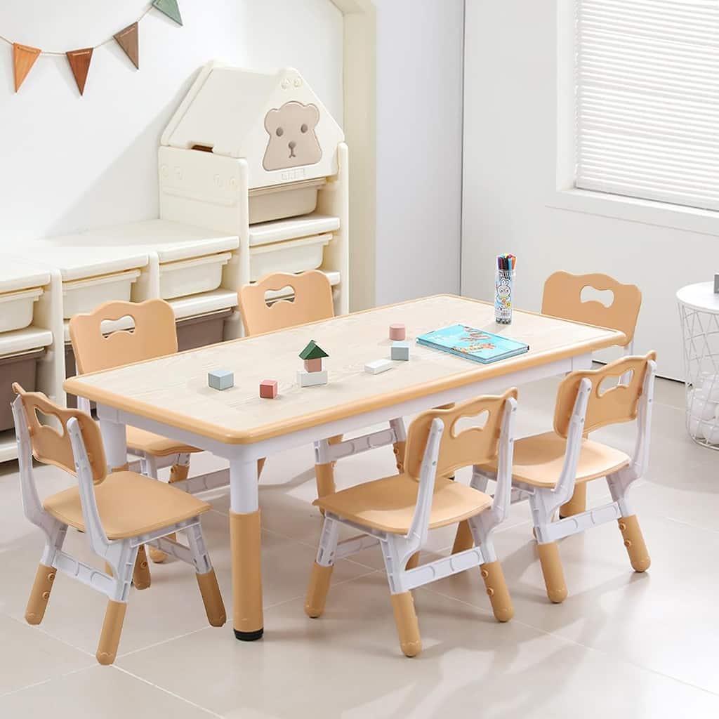 Kids Table and Chairs Set, Height Adjustable Desk with 6 Seats for Ages 2-10 - standard