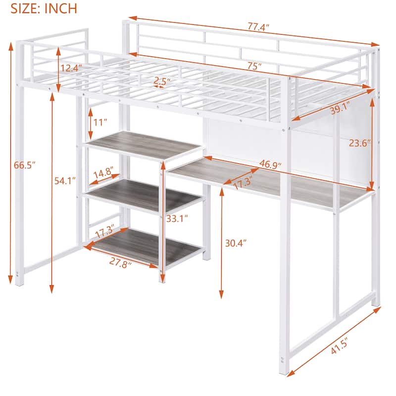 Roomfitters Twin Size Loft Bed with Desk and Whiteboard, Metal Loft Bed with 3 Shelves and Ladder, Durable & Easy to Assemble