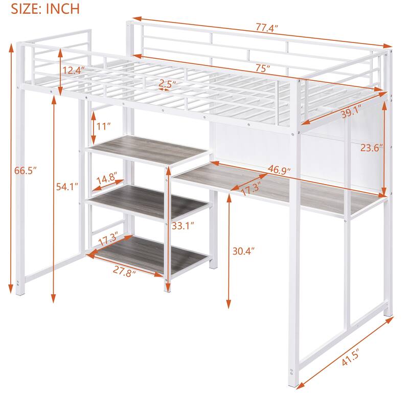 Twin Size Metal Loft Bed with Desk, Whiteboard, and Shelves