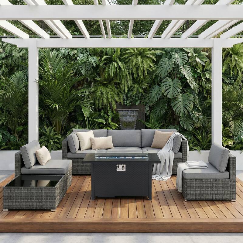 Outdoor Wicker Sectional Sofa 8-Piece Set with Fire Pit Table