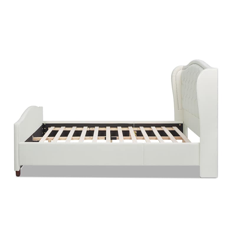 Queen Wingback Upholstered Platform Bed Frame - Polyester Fabric, Foam Fill, Stylish & Supportive
