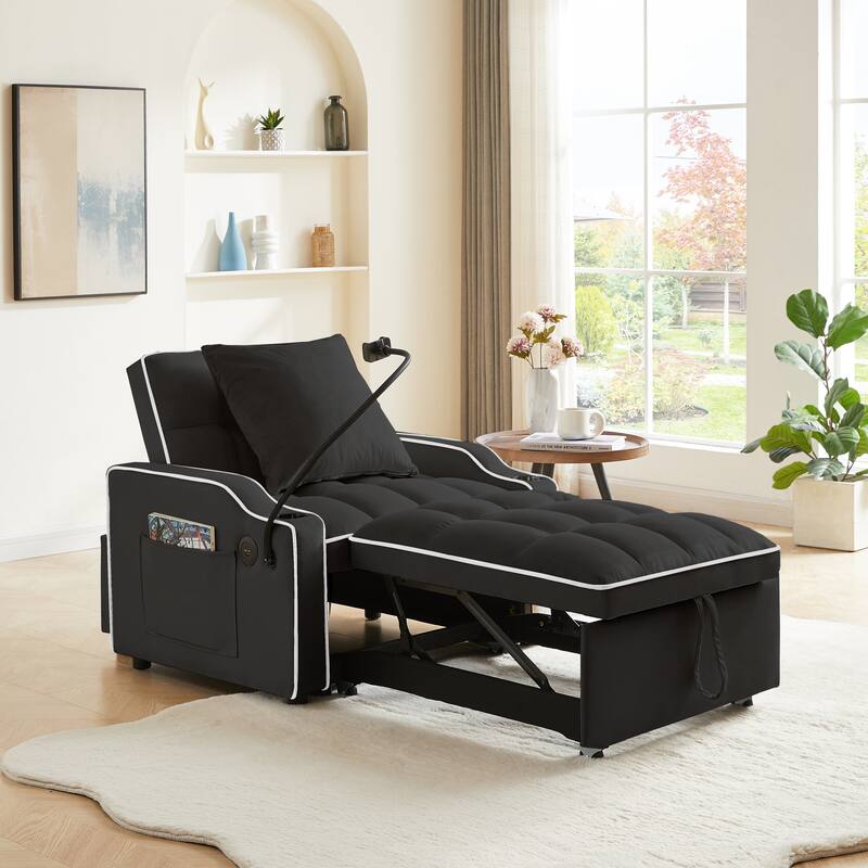 GDFStudio - Flora Modern 3-in-1 Convertible Sleeper Chair Sofa Bed, Adjustable Pull-Out Sofa with Storage - Black