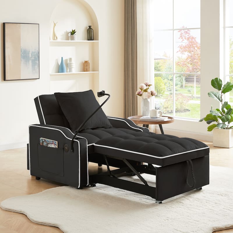 Single Sofa Armchair 3-in-1 Pull Out Sleeper Sofa Bed Velvet Chaise Lounge with USB, Phone Stand, Cup Holders and Side Pockets