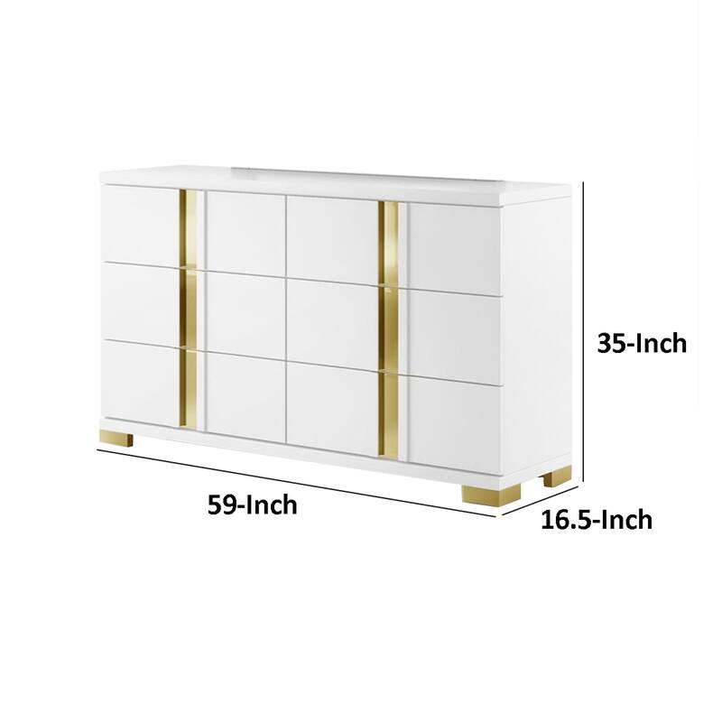 Yoki Wide Dresser, 6 Drawers, Modern Glam White and Gold