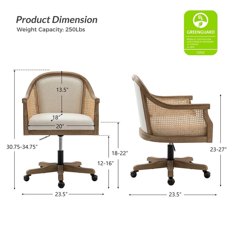Danilo Farmhouse 360 Degree Swivel Height Adjustable Rattan Desk Chair with RubberWood by HULALA HOME