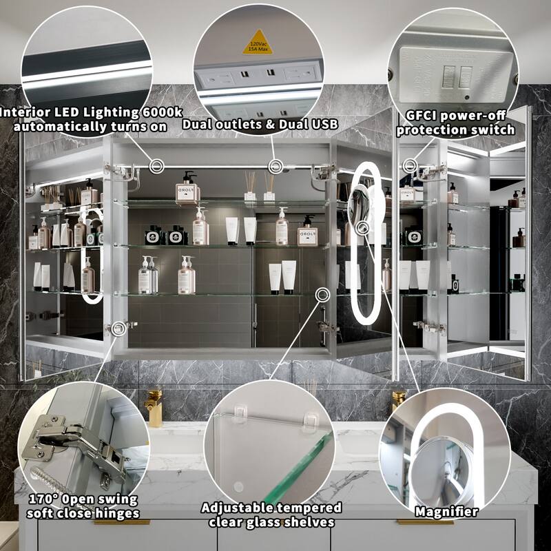 Modland 30"-48"W x 32"H Medicine Cabinet LED Mirrored Wall Mounted Bathroom Mirror with Storage