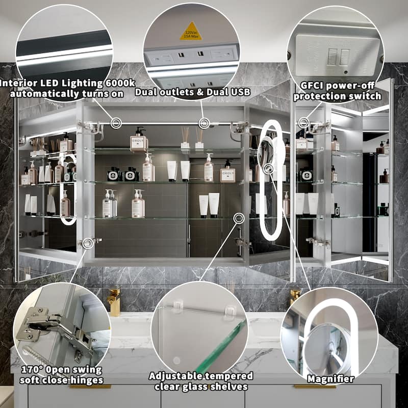 Modland Recessed Smart Mirror Cabinet 24-48x32" with Lights, Anti-Fog, Outlet & Magnifier - Adjustable Shelves