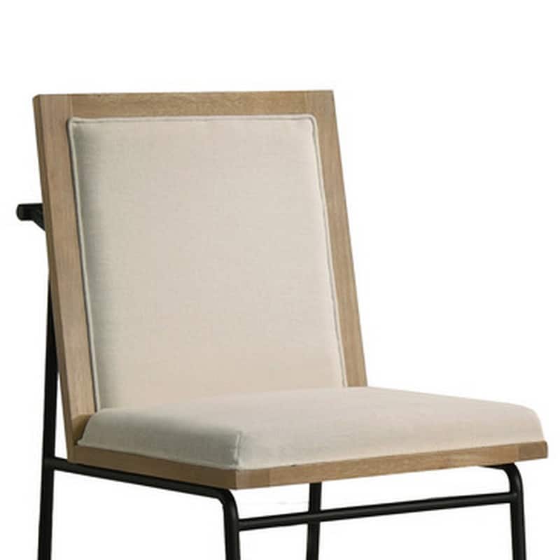Tory 25 Inch Dining Chair Set of 2, Cream Fabric, Brown Wood, Black Metal