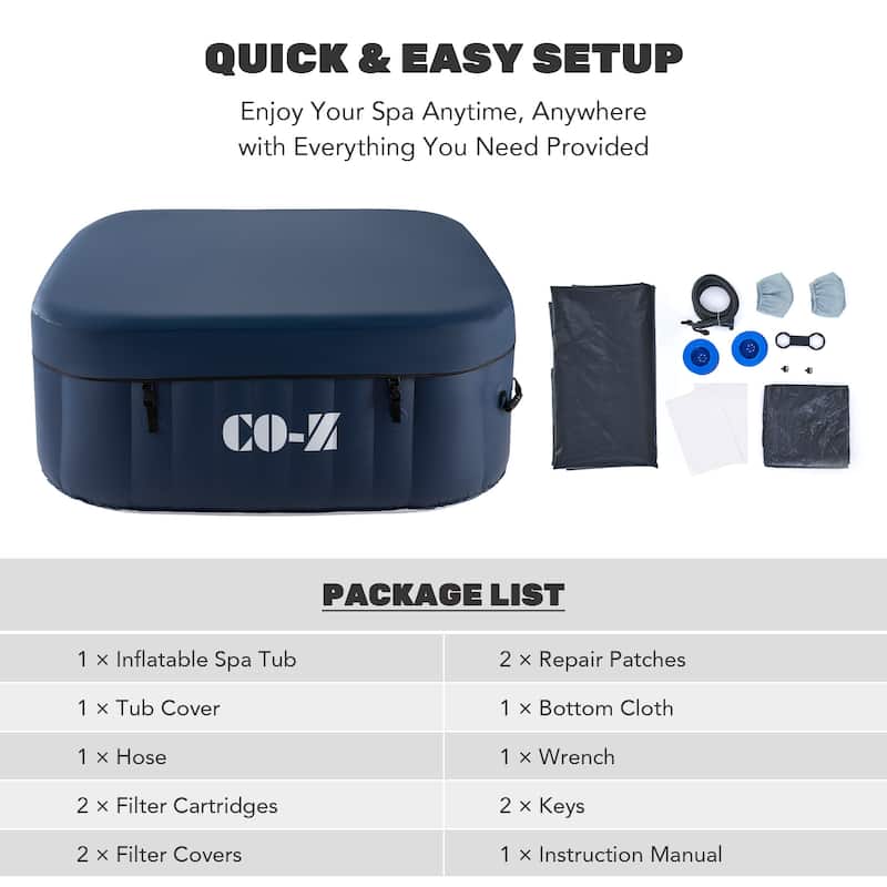 CO-Z Square Inflatable Hot Tub, 4 Person Blow Up Portable Hot Tub