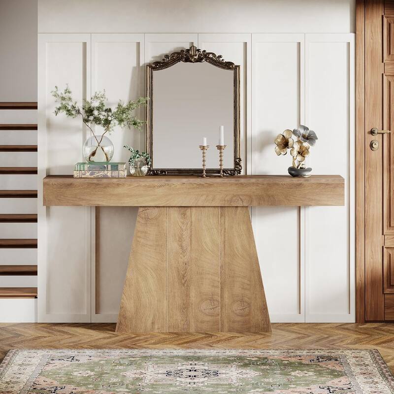 63" Narrow Long Console Table, Farmhouse Entryway Table with Trapezoidal Base - 63" L x 11.6" W x 35.4" H