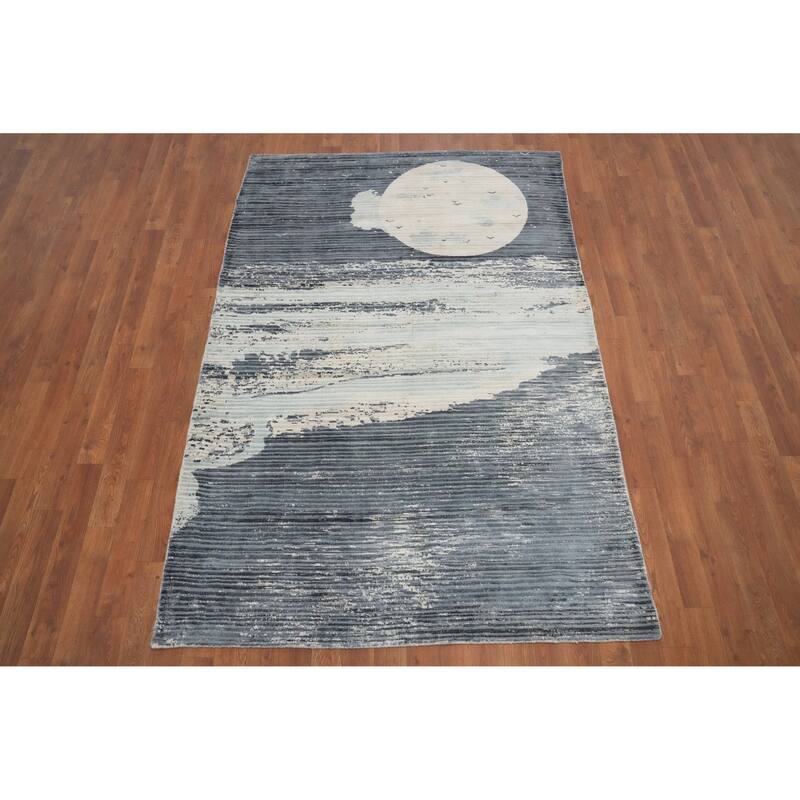 Hand Knotted Oriental Viscose Silk Carpet Modern Pictorial Greys & Charcoal Abstract Area Rug - 6' 6'' X 4' 5''