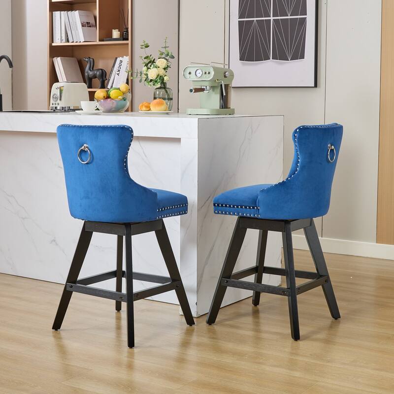 Swivel Bar Stools Set of 2, Velvet Counter Height Barstools with Wooden Legs, Kitchen Island Chairs with Button Backrest