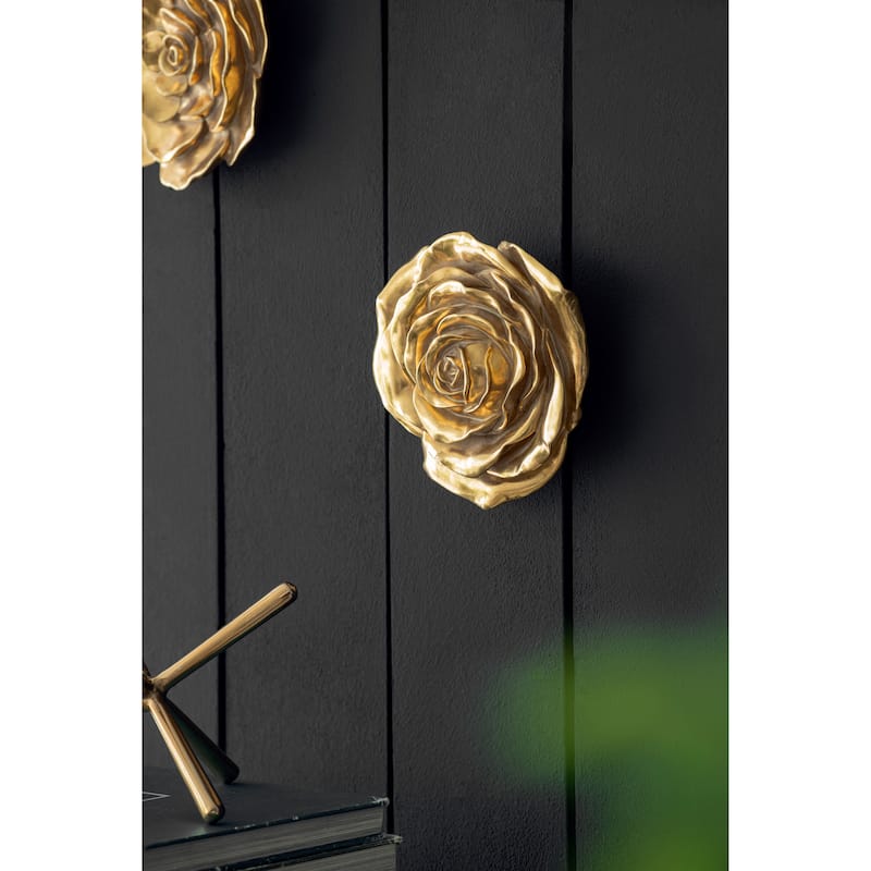 Contemporary Rose Hanging Wall Decor with Gold Resin Floral Sculpture, for Living Room Hallway Bedroom Office