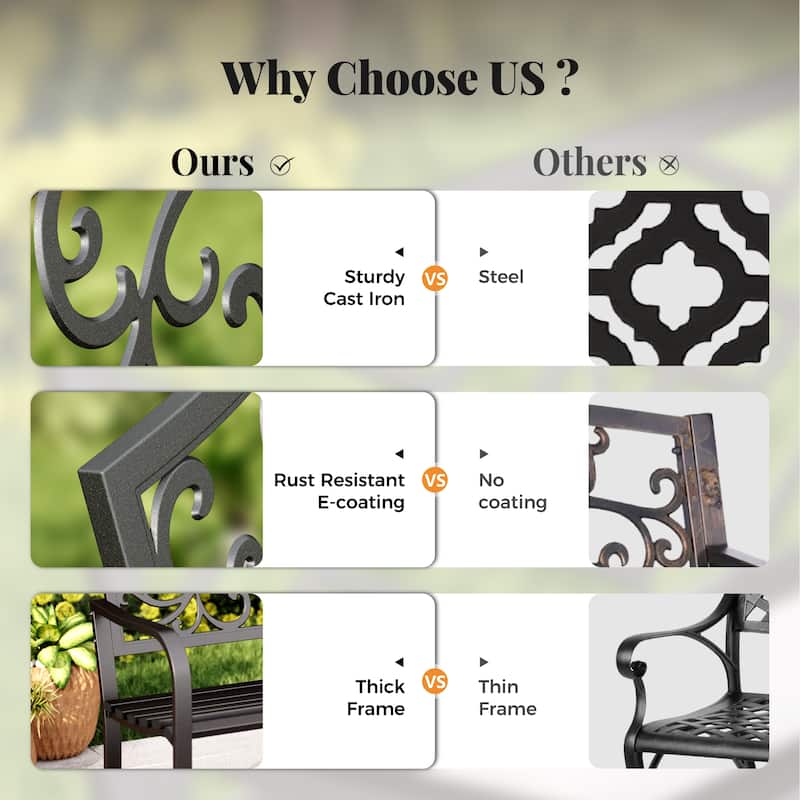 MAISON ARTS 43 Inch Cast Iron Steel Frame Outdoor Garden Bench