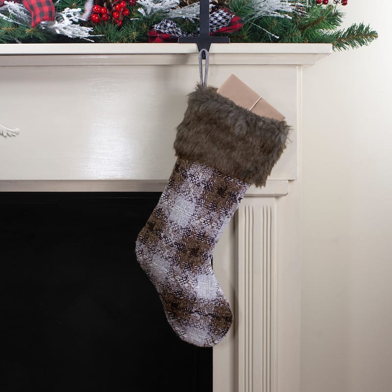 18" Brown and White Buffalo Plaid Christmas Stocking