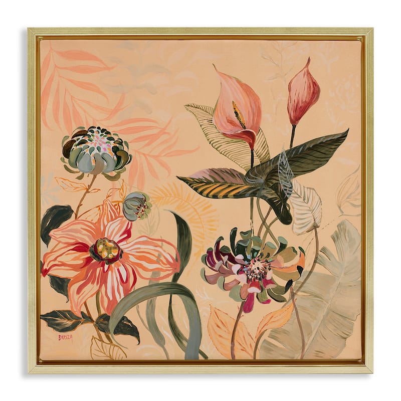 Stupell Tropical Foliage & Blooms Framed Floater Canvas Wall Art Design By Dusza - 18 x 18 - Gold
