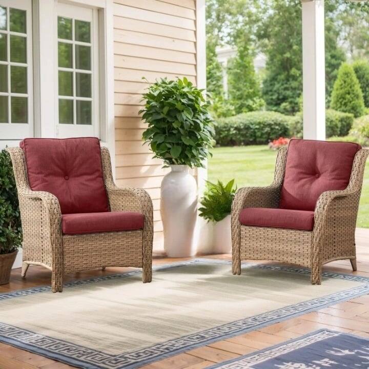 Outdoor Arm Chair with Cushion Rattan Chair - Yellow Rattan - Red Cushion - 2PCS - Patio Chair