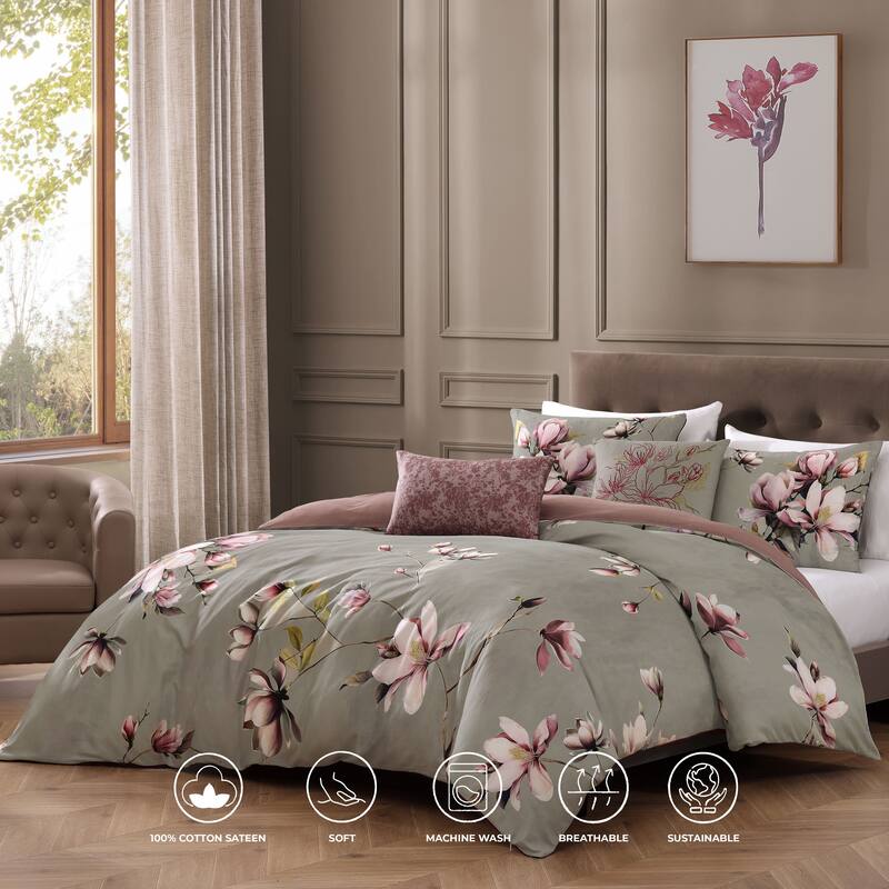 Bebejan Purple Lilies 200 Thread Count 100% Cotton Sateen 5 Piece Reversible Comforter Set