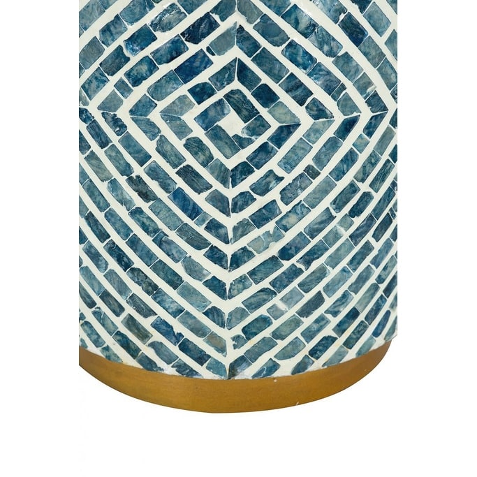 Round Accent Stool with Blue and White Capiz Design