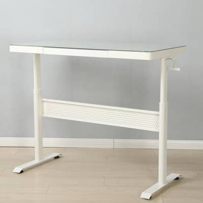 Tempered Glass Home Office Desk, Height Adjustable Glass Desk with Metal Drawer, Ergonomic Standing Desk with Crank