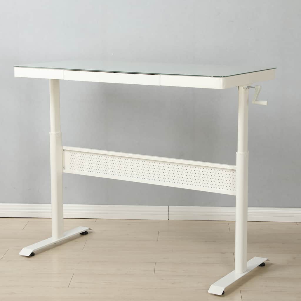 Tempered Glass Home Office Desk, Height Adjustable Glass Desk with Metal Drawer, Ergonomic Standing Desk with Crank