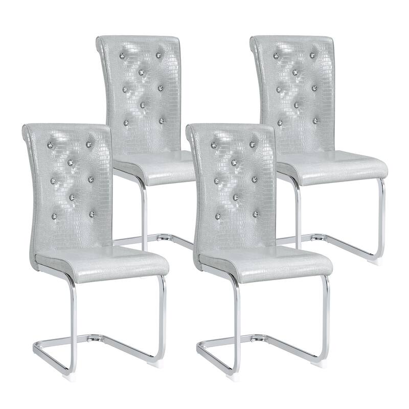 Set of 4, Retro Faux Alligator Skin Upholstered Dining Chairs, with Crystal Buckle Design and Faux Leather Design