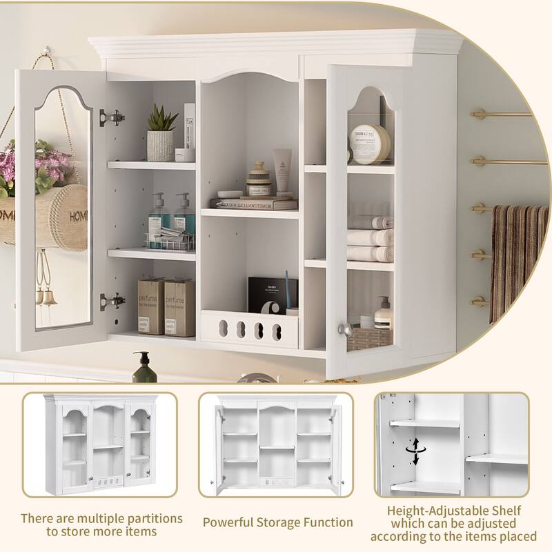 Wall Mounted Medicine Cabinet, Bathroom Wall Cabniet with Middle Storage Shelves, 2 Side Glass Doors and Adjustable Shelves