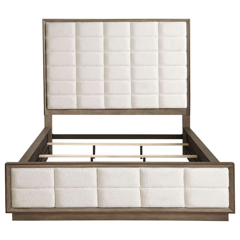 Lyni California King Bed, Grid Tufted Ivory Upholstery, Oak Brown