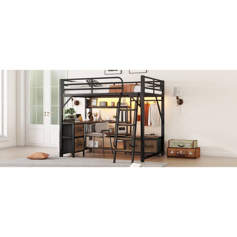 Roomfitters Full/Queen Loft Platform Bed, LED Charging Desk and Wardrobe Shelves with Metal Frame for Bedroom or Guest Room
