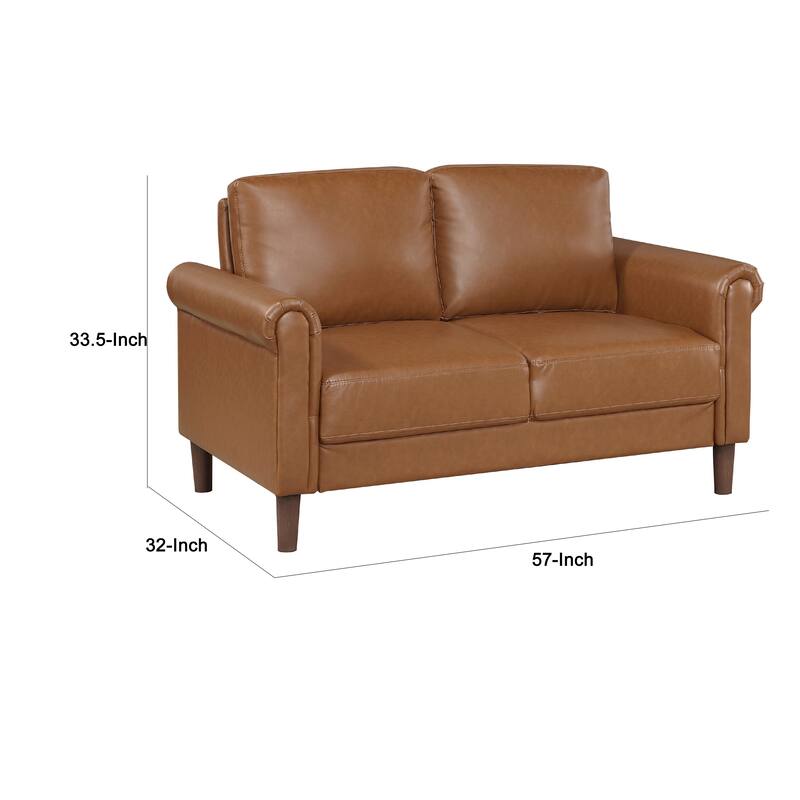 Lo Loveseat w Rolled Arms, Mid Century Brown Faux Leather 57 Inch
